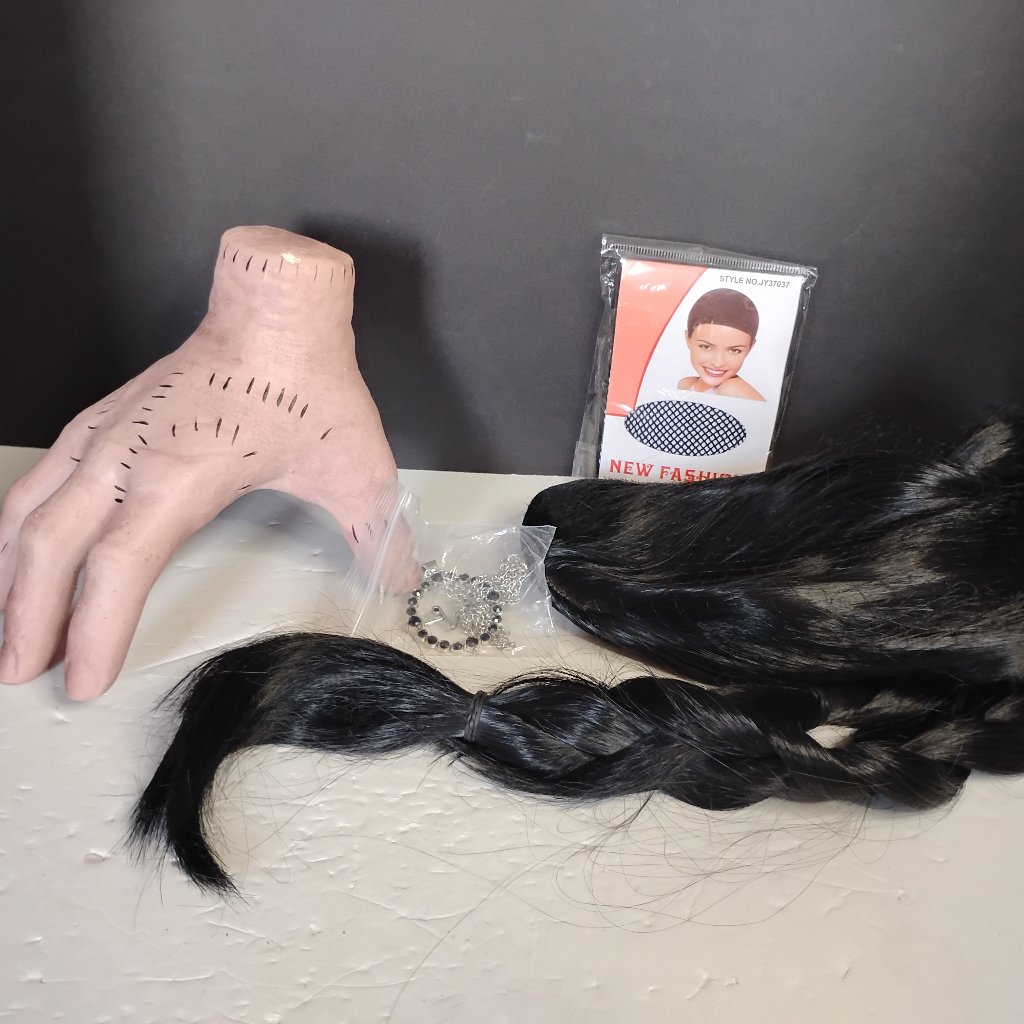 Wednesday Black Pigtail Braided Wig, Foam Thing Hand, & Necklace Set